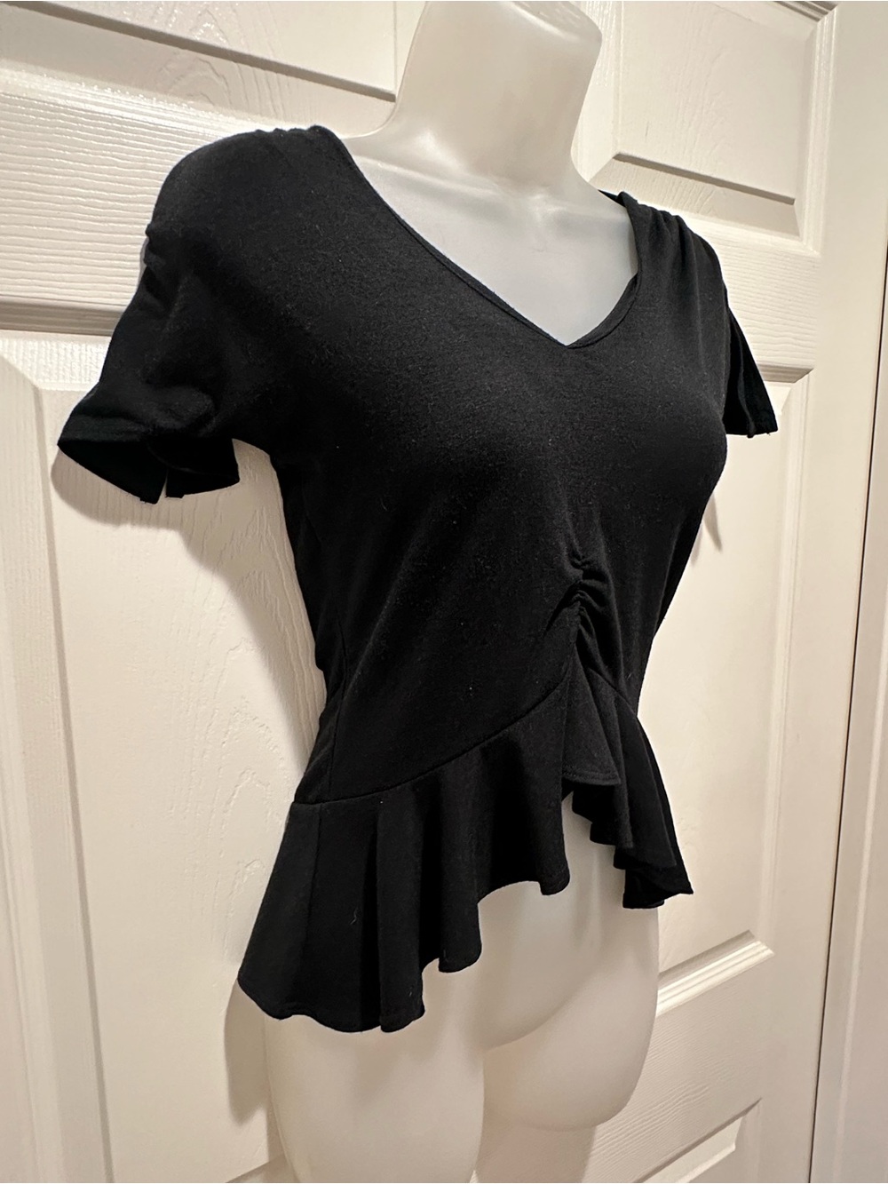 B Story Y2K Black Ruched Peplum Top Made in USA Boutique Designer L Asymmetrical